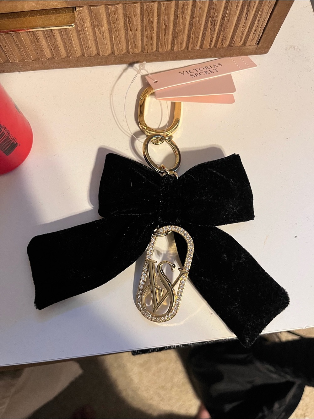 Victoria's Secret Black Velvet Bow Keyring with Gold Hardware
